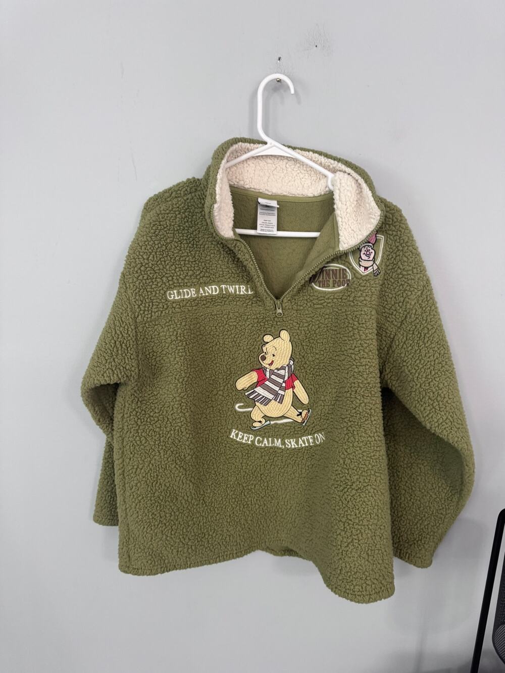 Disney Winnie The Pooh Sherpa Fleece Quarter Zip Pullover Green Top Size XL